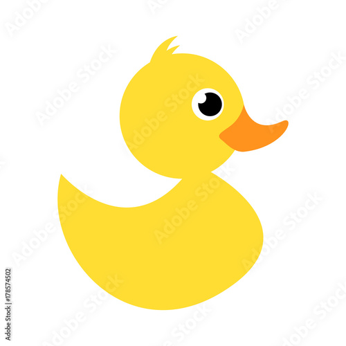 Rubber duck or ducky bath toy flat color icon for apps and websites. Simple yellow fluffy small duck. Cute rubber floating graphic for children