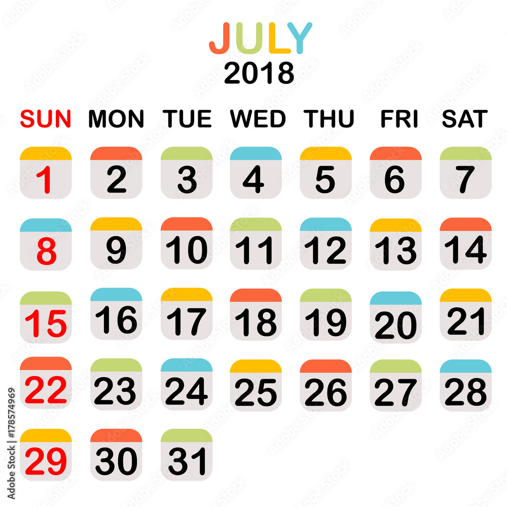 Colored July 2018 calendar Colored July 2018 calendar