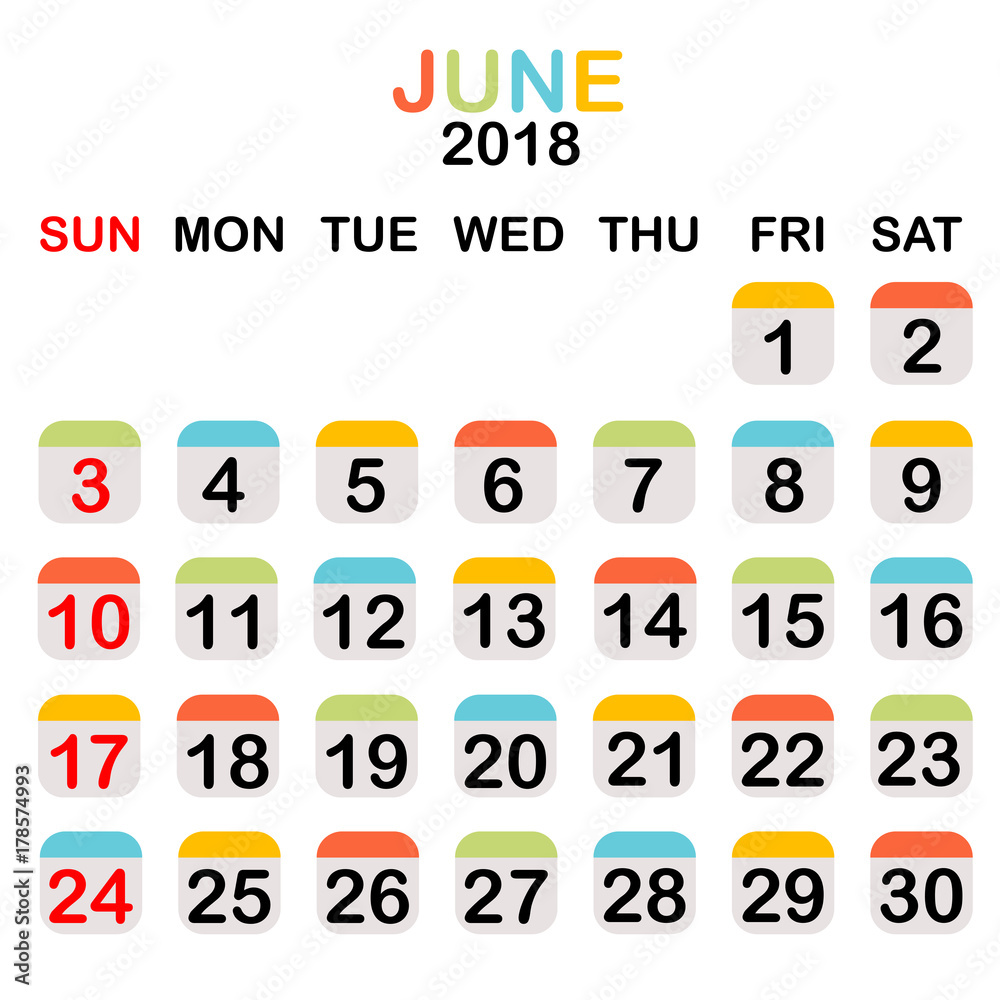 Fototapeta premium Colored June 2018 calendar