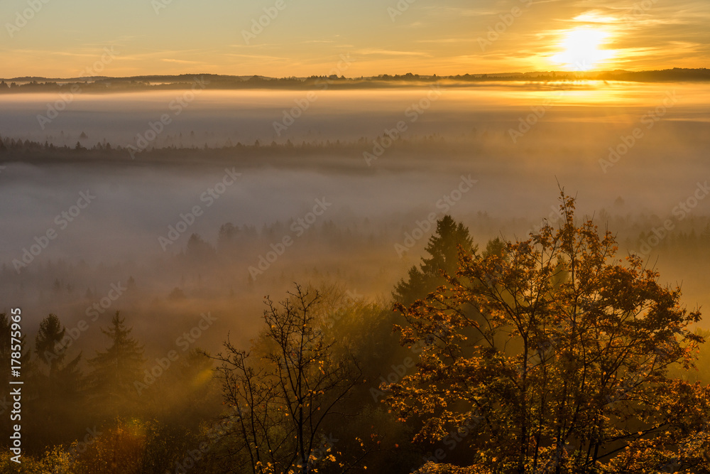 Die Sonne geht auf über den Nebel verhangenen Isarauen bei Wolfratshausen