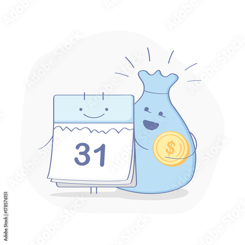 Cute cartoon Calendar with money bag. The end of the month, Salary, Annual payment day, Wage, Time to pay, Financial calendar, Monthly budget planning icon concept. Flat outline modern illustration.