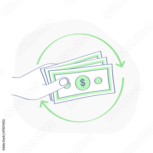 Cash back, chargeback, cashing, money turnover, currency exchange concept. Money pile in hand with round arrow icon. Flat outline vector illustration, premium quality symbol design for website or app.