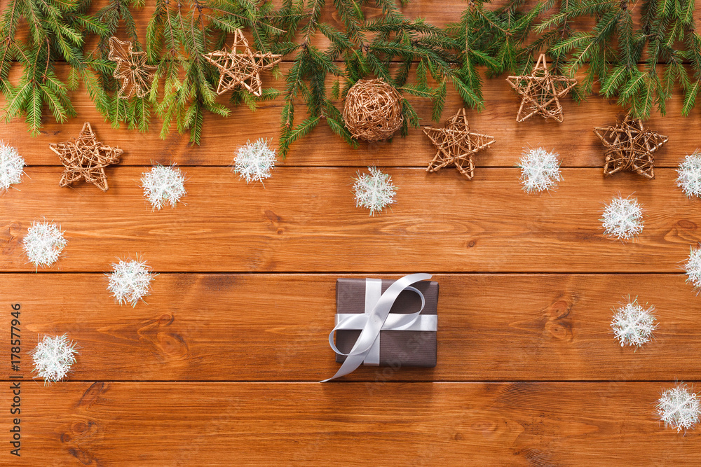 Christmas decoration, gift box and garland frame background