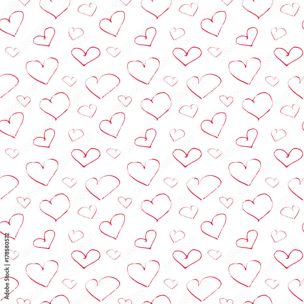 Vector endless seamless pattern of the ink red hearts hand painted on a white background