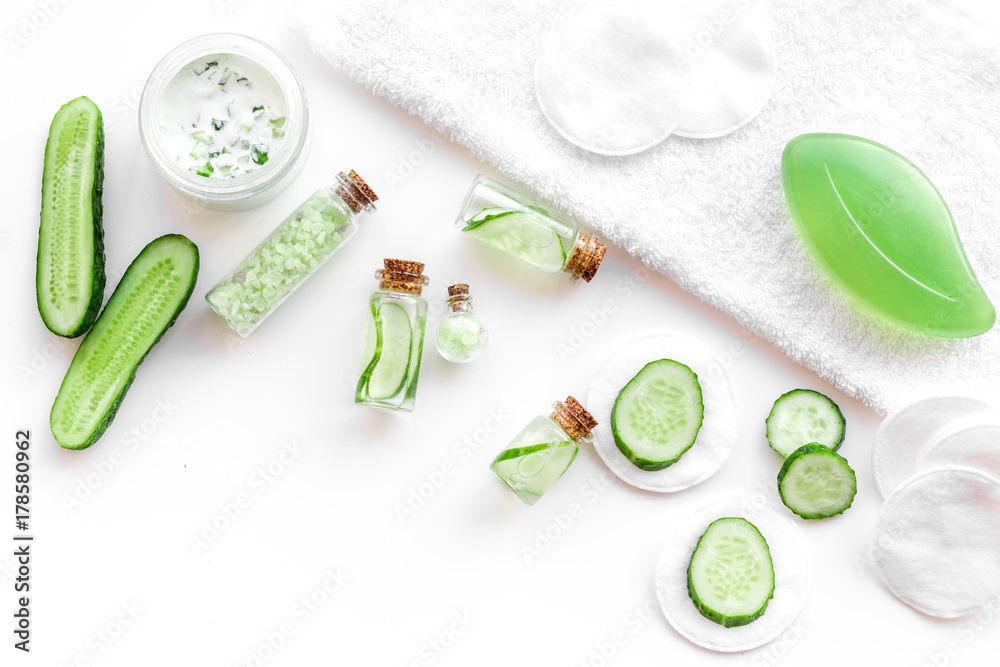 Sliced cucumber for face mask on white background top view copyspace Sliced cucumber for face mask on white background top view copyspace