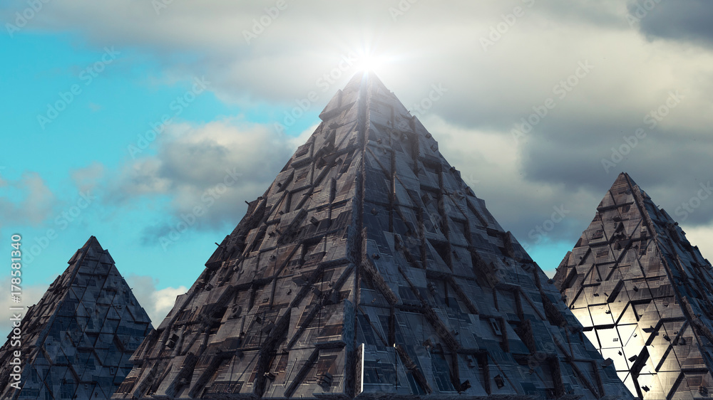3d rendering. Pyramids and futuristic structures 3d rendering. Pyramids and futuristic structures