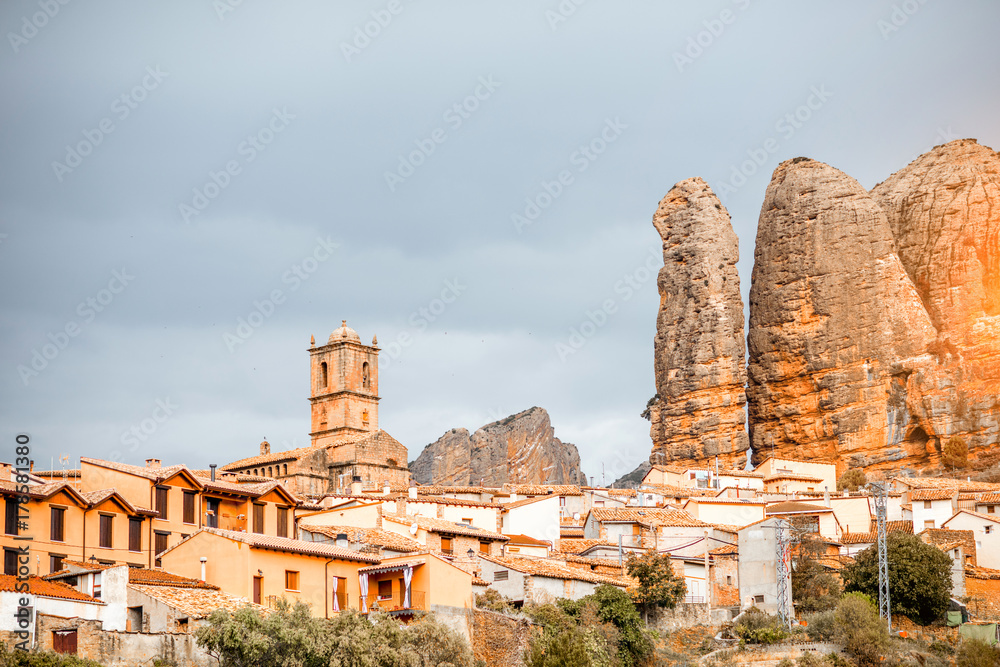 Landscape view on Aguero village with cliffs located in the province of Huesca in Spain