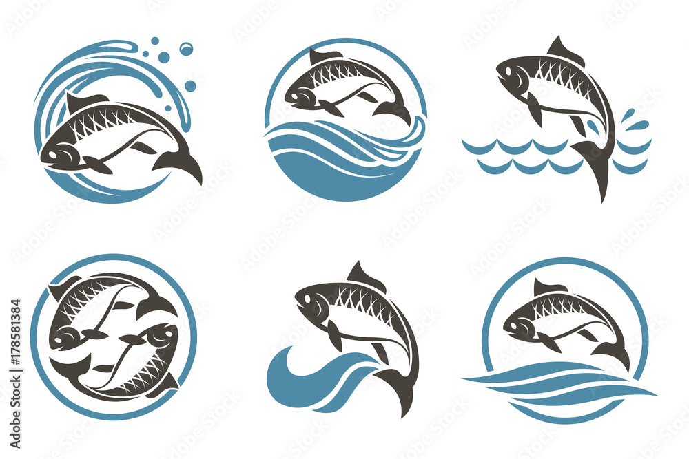 Obraz premium collection of fish icon with waves