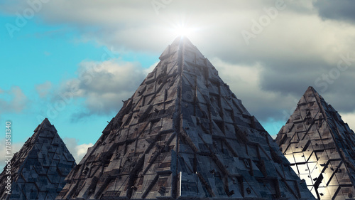 3d rendering. Pyramids and futuristic structures