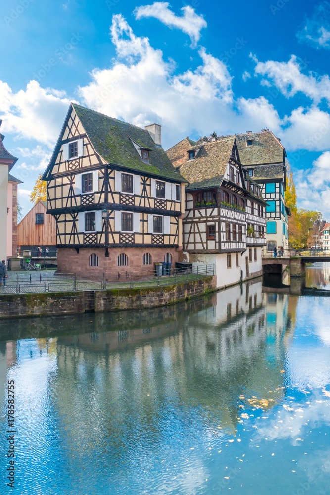 Typical house near water from La Petite France in Strasbourg, Alsace, France