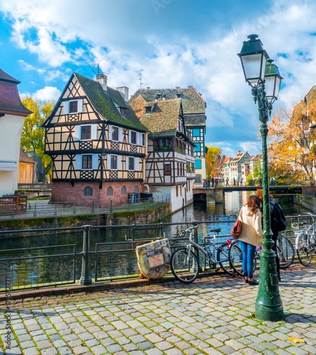 Typical house near water from La Petite France in Strasbourg, Alsace, France