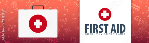 First Aid. Medical banner. Health care. Vector medicine illustration.