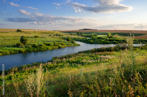 Foggy summer landscape.River Upa in Tula region,Russia. 