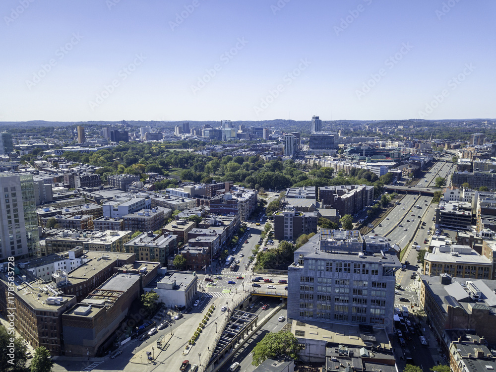 Boston, Massachusetts, USA city skyline aerial panorama view with urban buildings midtown 