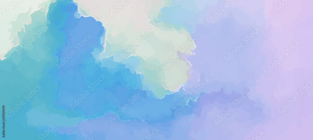 Fantasy soft purple pink clouds, gouache. Sunset sky painted background in pastel color. Abstract vector illustration. 