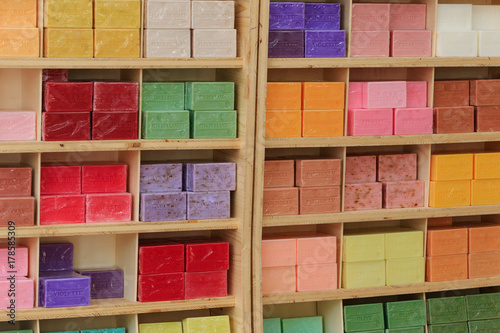 Colorful display of natural soaps