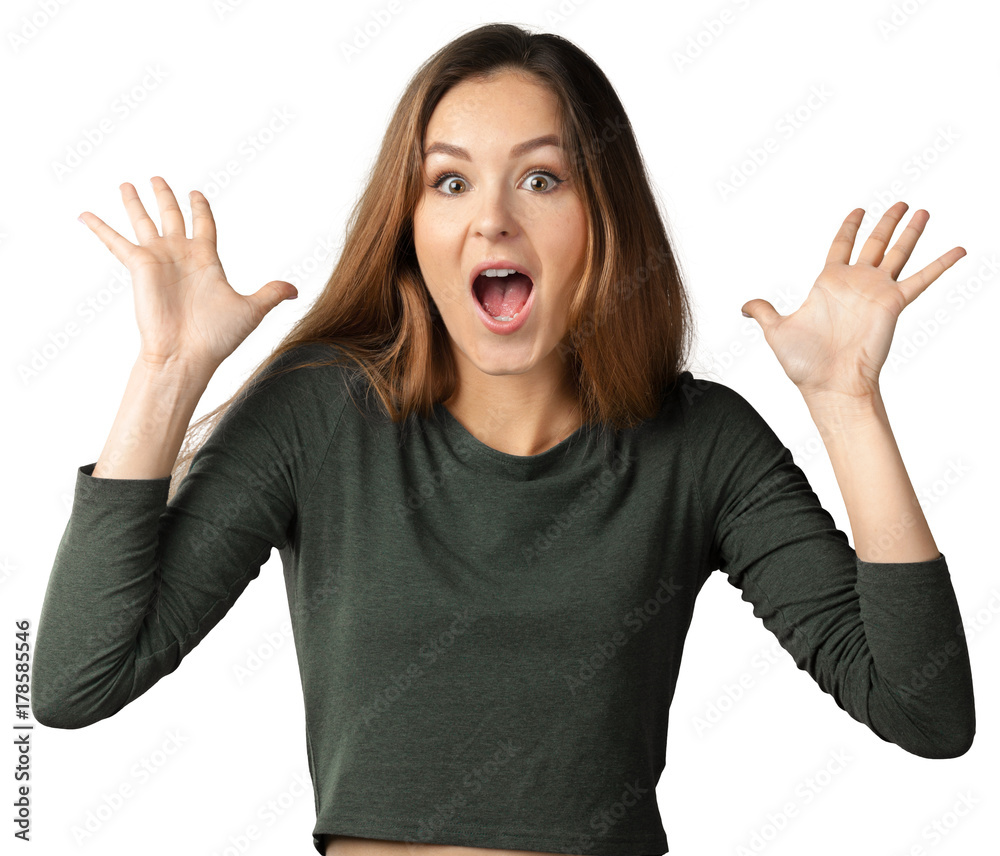 Portrait of beautiful young shocked woman on white background Portrait of beautiful young shocked woman on white background