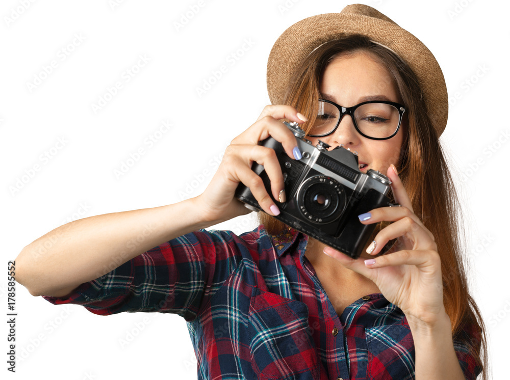 Fun happy young girl taking a photo isolated on white Fun happy young girl taking a photo isolated on white