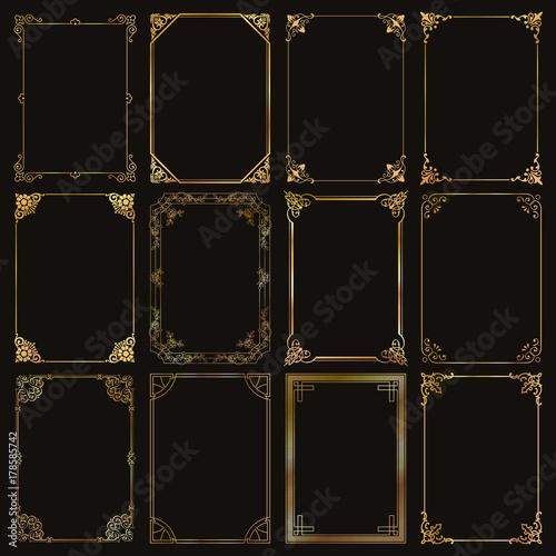 Decorative rectangle gold frames and borders set vector