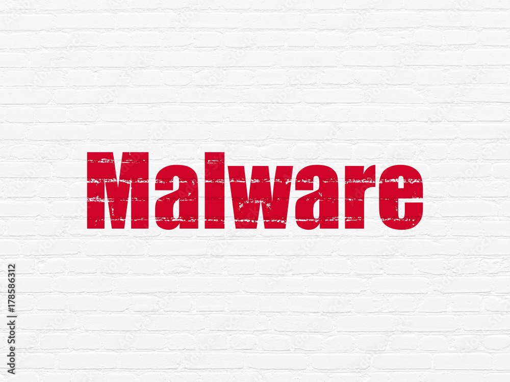 Safety concept: Painted red text Malware on White Brick wall background Safety concept: Painted red text Malware on White Brick wall background
