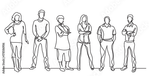 continuous line drawing of diverse crowd of standing people