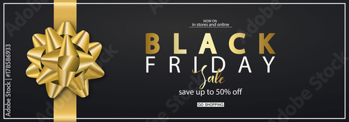 Black Friday Horizontal Banner with gold bow. Vector Illustration. Modern design.Universal vector background for poster, banners, flyers, card.