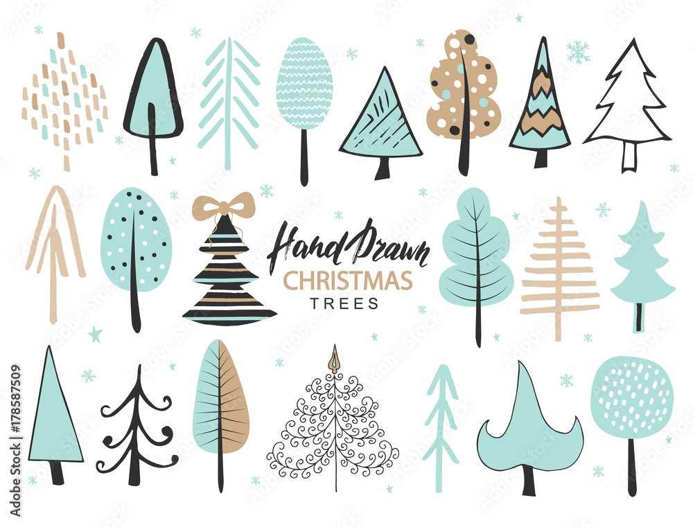 Set of hand drawn christmas tree. Holiday decoration isolated elements. Vector illustration.