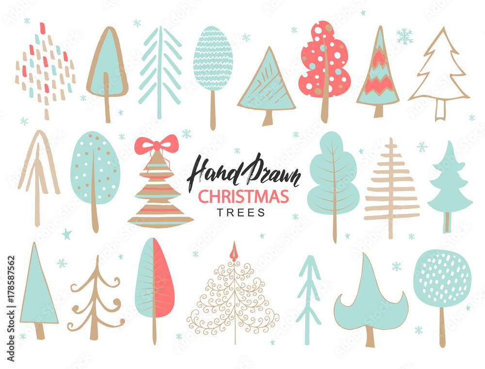 Plakat Set of hand drawn christmas tree. Holiday decoration isolated elements. Vector illustration.