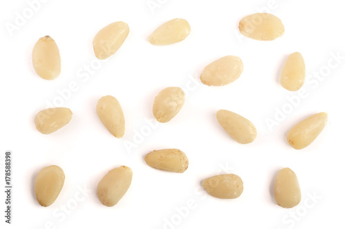 Shelled cedar pine nuts isolated on white background. top view