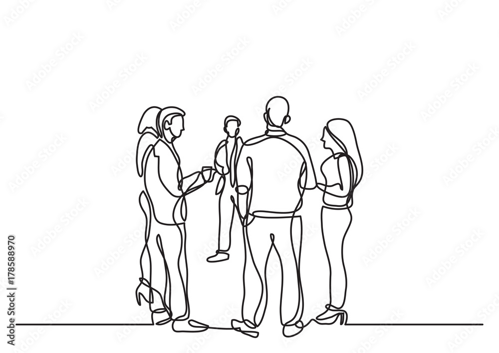 one line drawing of office party with people standing and talking one line drawing of office party with people standing and talking