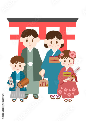 初詣の家族のイラスト: 日本のお正月イメージ