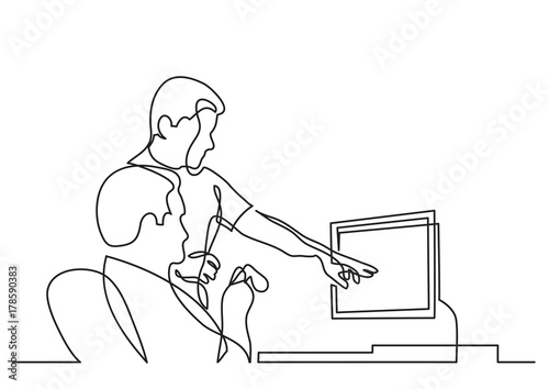 continuous line drawing of two coworkers discussing work on screen