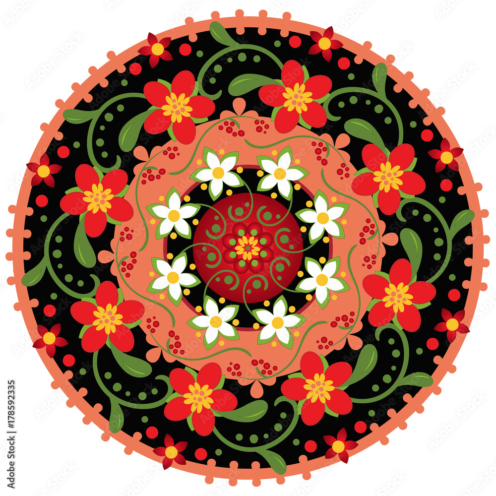 colorful round pattern with bright flowers in traditional Russian style