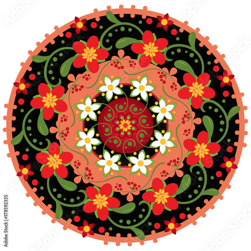 colorful round pattern with bright flowers in traditional Russian style