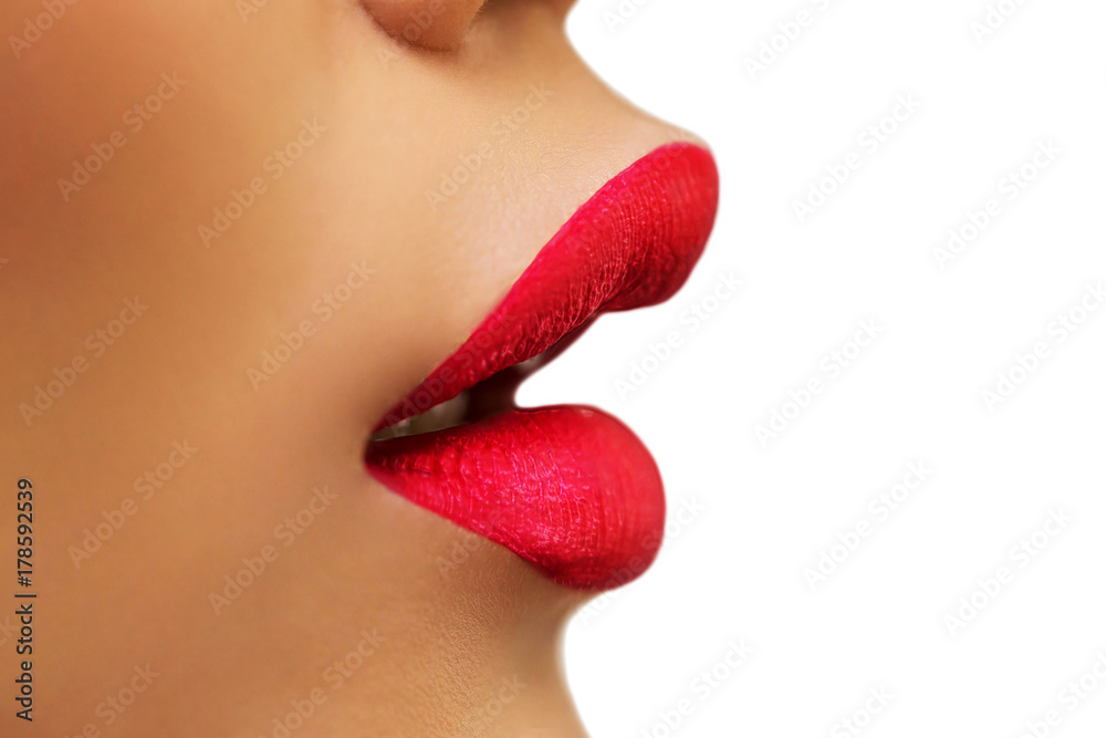 Sexy Lips. Beauty Red Lip Makeup Detail. Sensual Open Mouth. lipstick