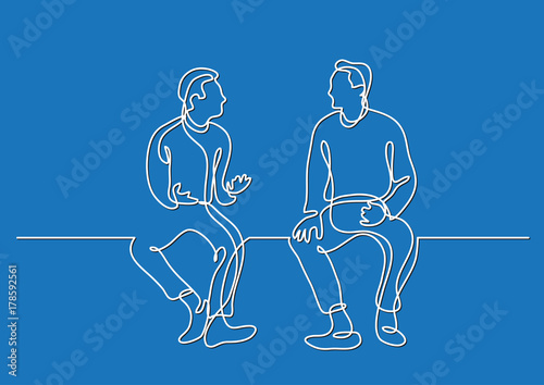 one line drawing of two sitting men talking