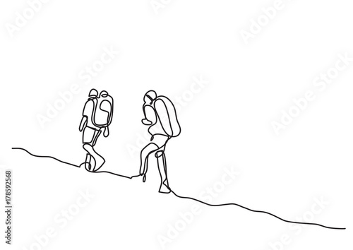 one line drawing of travelers walking