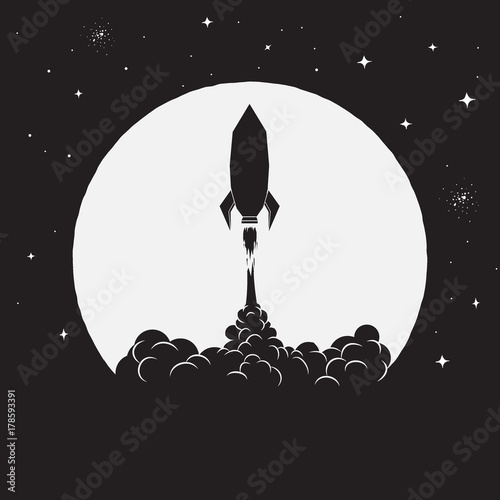 takeoff of rocket on Moon background to space.Vector illustration