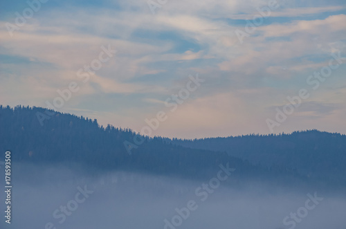 Foggy morning in the Ukrainian Carpathian Mountains in the autumn season