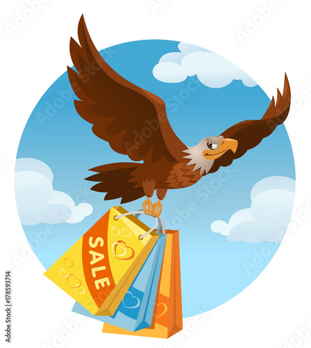 Flying American eagle carries the shopping bags from the sale. Cartoon styled vector illustration. Elements is grouped. No transparent objects.