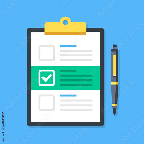 Clipboard and checkboxes with check mark. Pad, checklist, white tick, checkmark on document and pen. Claim, survey, form concepts. Top view. Modern flat design vector illustration