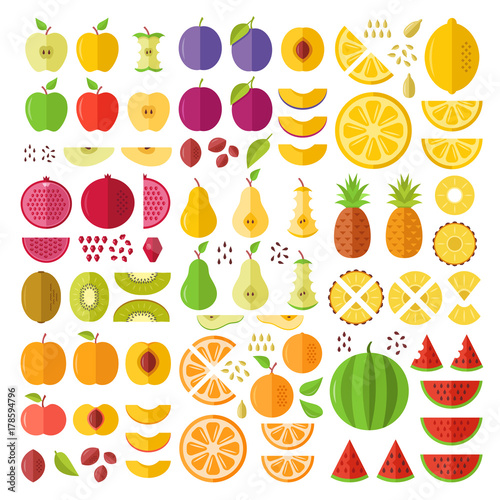 Fototapeta Naklejka Na Ścianę i Meble -  Fruits. Flat icons set. Whole fruits, slices, cuts, wedges, halves, seeds, pits, etc. Flat design graphic elements. Vector icons