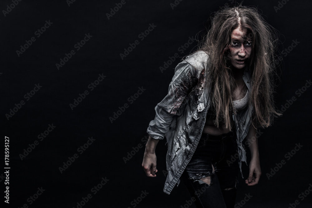 Zombie woman, Horror background for halloween concept and book cover. Copy space. Zombie woman, Horror background for halloween concept and book cover. Copy space.