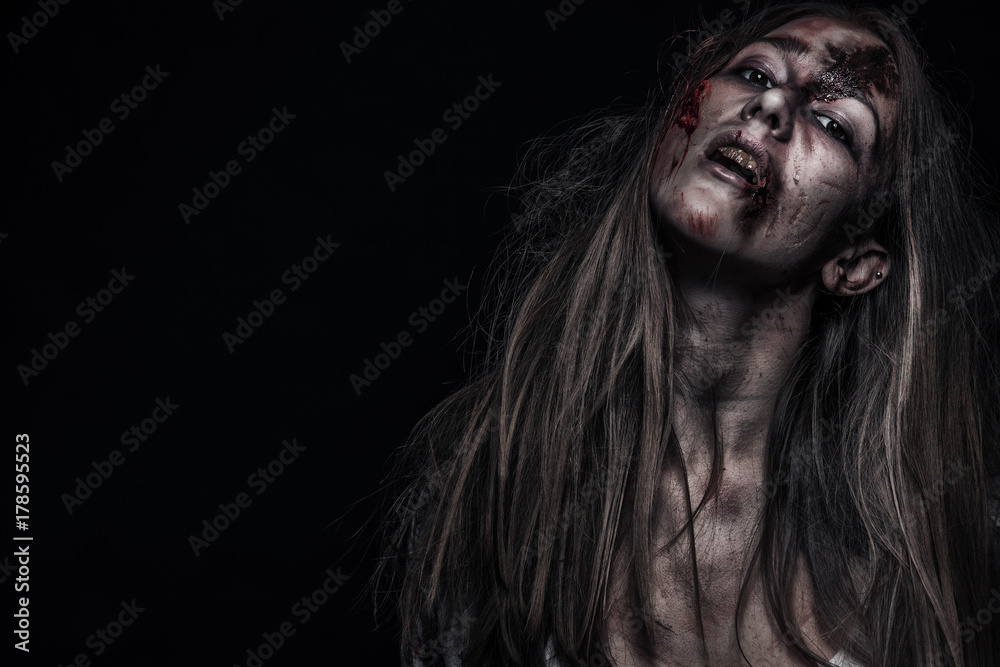 Zombie woman, Horror background for halloween concept and book cover. Copy space. Zombie woman, Horror background for halloween concept and book cover. Copy space.