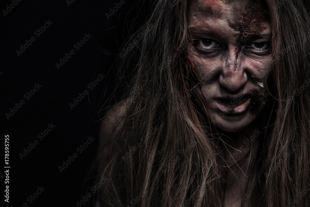 Zombie woman, Horror background for halloween concept and book cover. Copy space. Zombie woman, Horror background for halloween concept and book cover. Copy space.
