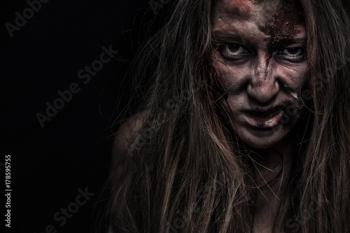 Zombie woman, Horror background for halloween concept and book cover. Copy space.