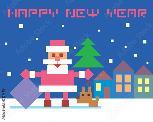 Christmas card with cute funny Santa Claus and dog. Happy New Year.