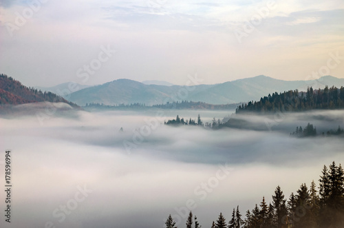 Foggy morning in the Ukrainian Carpathian Mountains in the autumn season