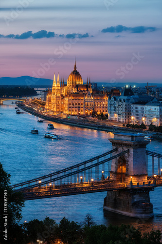 Budapest City at Dusk with Chain Bridge and Hungarian Parliament Building
