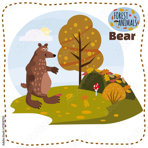 Cute bear  on a background of a landscape with elements of forest  trees  forest animals  cartoon style  banner  vector  illustration